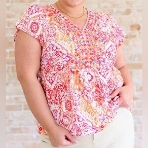 Savanna Jane Pink Orange Printed Smocked V-Neck Top
